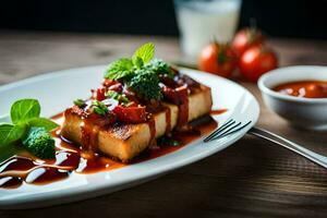 a plate with a piece of tofu on top. AI-Generated photo