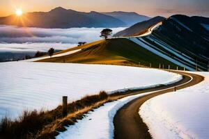 a road winding through a snowy field at sunset. AI-Generated photo