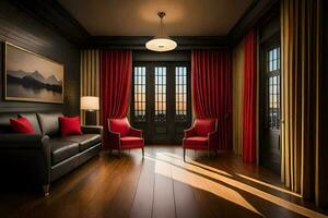 un habitación con rojo cortinas y negro paredes generado por ai foto