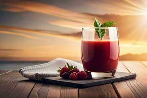 raspberry juice on a wooden table with the sun setting behind it. AI-Generated photo