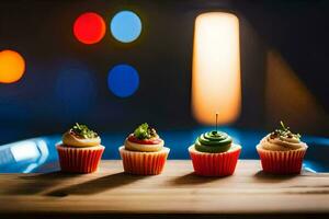 four cupcakes are sitting on a table in front of a blurry background. AI-Generated photo