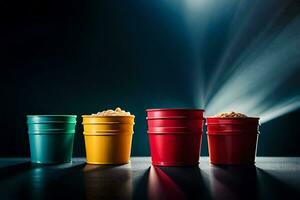 three colorful cups with popcorn on a dark table. AI-Generated photo
