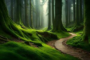 a path through a green forest with mossy trees. AI-Generated photo