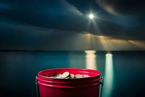 a red bucket with coins sitting on the edge of the water. AI-Generated photo