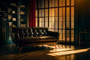 a dark room with a leather couch and bookshelves. AI-Generated photo