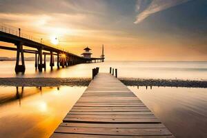 un de madera muelle estiramientos fuera dentro el Oceano a puesta de sol. generado por ai foto