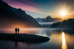 el Pareja es en pie en el borde de un lago a puesta de sol. generado por ai foto