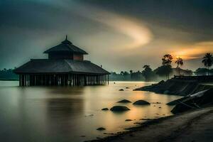 a long exposure photograph of a wooden house on the shore of a lake. AI-Generated photo