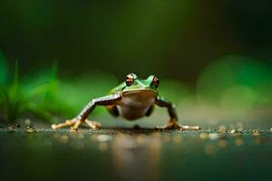 a frog is sitting on the ground with its eyes open. AI-Generated photo