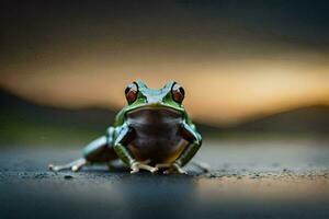 a frog sitting on the ground with a sunset in the background. AI-Generated photo