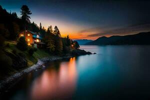 a house on the shore of a lake at sunset. AI-Generated photo