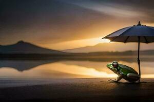 a frog sits under an umbrella at sunset. AI-Generated photo