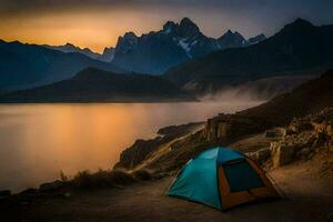 el puesta de sol terminado el lago. generado por ai foto