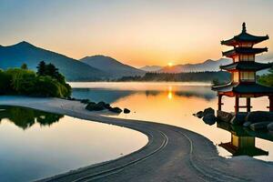 a pagoda sits on the shore of a lake at sunrise. AI-Generated photo