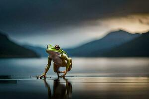 a frog standing on the edge of a lake. AI-Generated photo