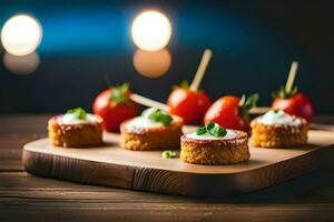 small bites of food on a wooden cutting board. AI-Generated photo