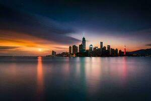 el ciudad horizonte a puesta de sol terminado el agua. generado por ai foto
