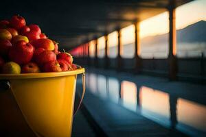 un Cubeta de manzanas en un puente. generado por ai foto