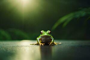 a frog sitting on a table in front of a green background. AI-Generated photo