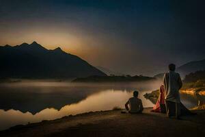 Tres personas sentado en el borde de un lago a puesta de sol. generado por ai foto