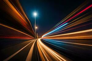 un largo exposición fotografía de un autopista a noche. generado por ai foto