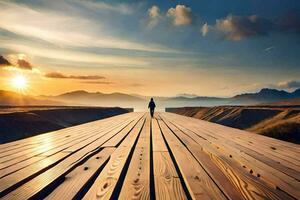 a person standing on a wooden bridge in the middle of a desert. AI-Generated photo