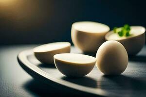 a plate with four eggs and a small piece of parsley. AI-Generated photo