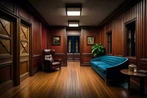 a room with wooden paneling and a blue couch. AI-Generated photo