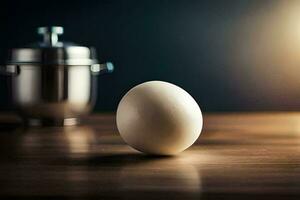 an egg sitting on a table next to a pot. AI-Generated photo