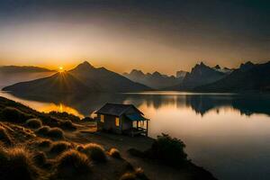 el Dom sube terminado el montañas y el lago. generado por ai foto