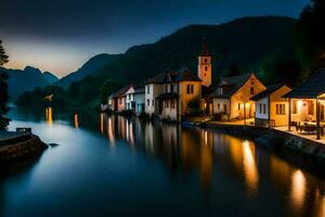 photo wallpaper the night, water, houses, mountains, river, slovenia, europe. AI-Generated