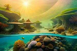 a fantasy underwater scene with coral reefs and fish. AI-Generated photo