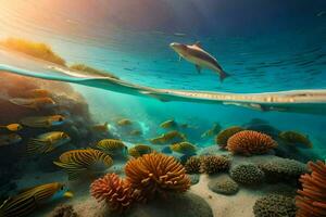 dolphins swim in the ocean with coral reefs and fish. AI-Generated photo