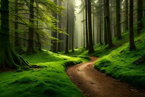 a path through a green forest with trees and grass. AI-Generated photo