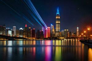 the city skyline is lit up at night with colorful lights. AI-Generated photo