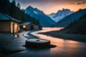 a log sits in the water at sunset with mountains in the background. AI-Generated photo
