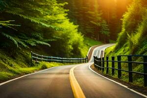 a road with a fence and trees on either side. AI-Generated photo