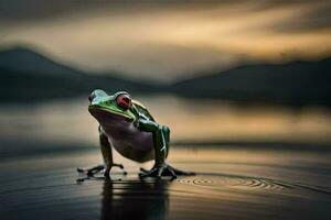 a frog sitting on the edge of a lake. AI-Generated photo
