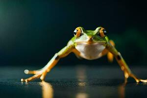 a frog is standing on a dark surface. AI-Generated photo