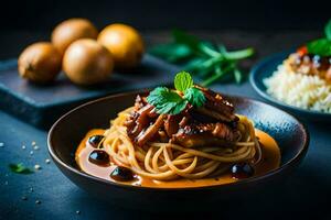 chicken and noodles in a sauce with a garnish of herbs. AI-Generated photo
