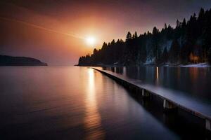 a pier in the middle of a lake at sunset. AI-Generated photo