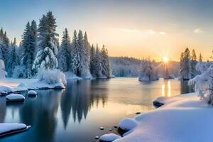 photo wallpaper the sky, snow, trees, lake, sun, winter, the forest, the. AI-Generated
