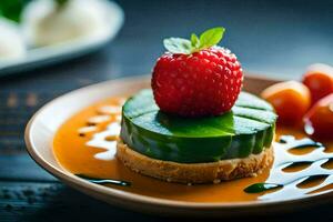 a dessert with strawberries and a green leaf. AI-Generated photo