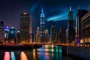 the chicago skyline at night with lights reflecting off the water. AI-Generated photo