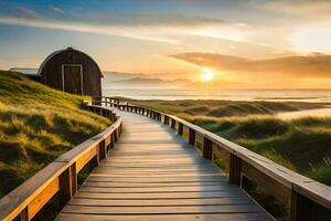 the boardwalk leads to a beach hut. AI-Generated photo