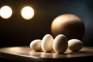 cuatro huevos en un de madera mesa con un ligero detrás a ellos. generado por ai foto