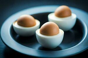 three hard boiled eggs in a black plate. AI-Generated photo