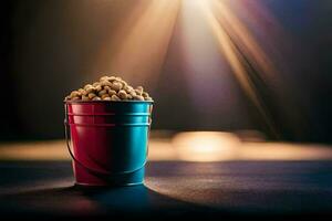 a bucket of popcorn on a table. AI-Generated photo