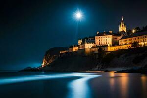 the moon shines brightly over a castle on the coast. AI-Generated photo