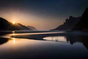 el Dom sube terminado un playa y montañas. generado por ai foto